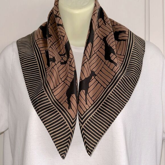 Vintage Echo Giraffe Silhouette Silk Square Scarf in Black, Tan & Brown - Picture 6 of 7